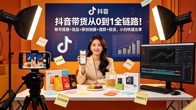 抖音带货从0到1全链路！账号搭建+选品+原创拍摄+混剪+投流，小白快速出单-baizmi
