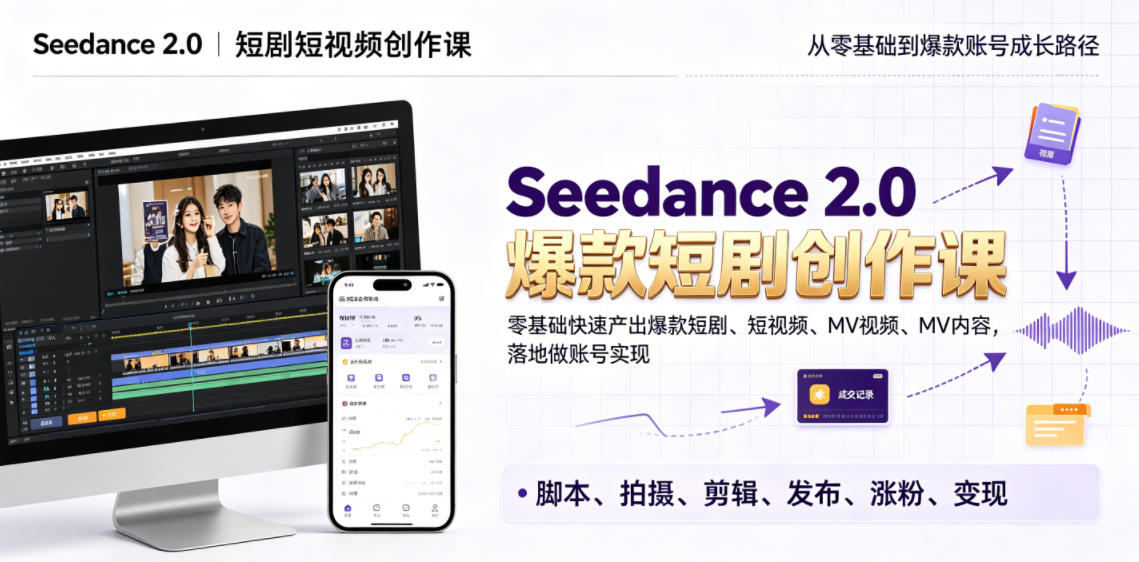 Seedance 2.0短剧短视频创作课，零基础快速产出爆款短剧、短视频、MV内容，落地做账号实现变现-baizmi