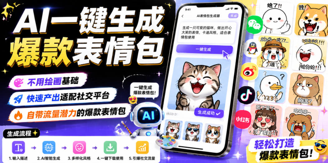 AI一键生成爆款表情包，不用绘画基础，快速产出适配社交平台，自带流量潜力的爆款表情包-baizmi