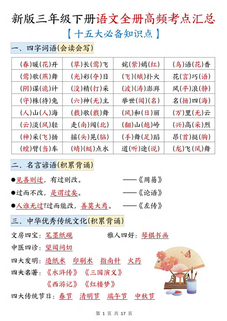 三年级下语文期末复习高频考点汇总（十五大必备知识点）-baizmi