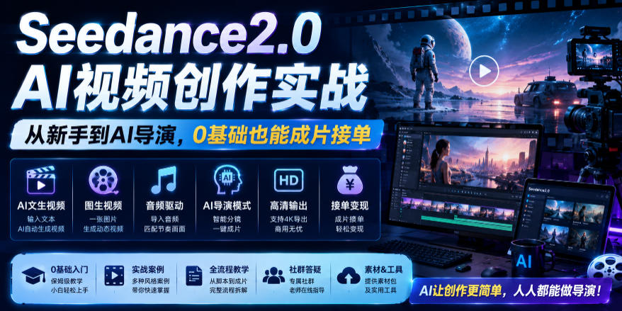 Seedance2.0 AI视频创作实战，从新手到AI导演，0基础也能成片接单变现-baizmi