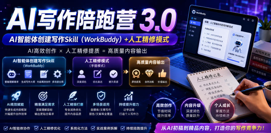 AI写作陪跑营3.0，Ai智能体创建写作skill(workbuddy)+人工手写模式(手搓模式)，去除AI痕迹(头条号、公众号、百家号)-baizmi