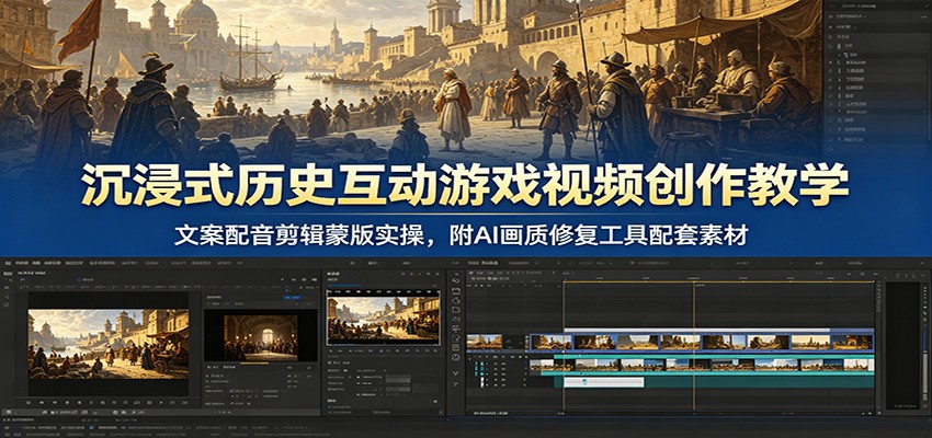 沉浸式历史互动游戏视频创作教学：文案配音剪辑蒙版实操，附AI画质修复工具配套素材-baizmi