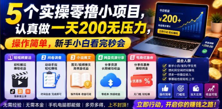 5个实操零撸小项目，认真做一天200无压力，操作简单，新手小白看完秒会【揭秘】-baizmi