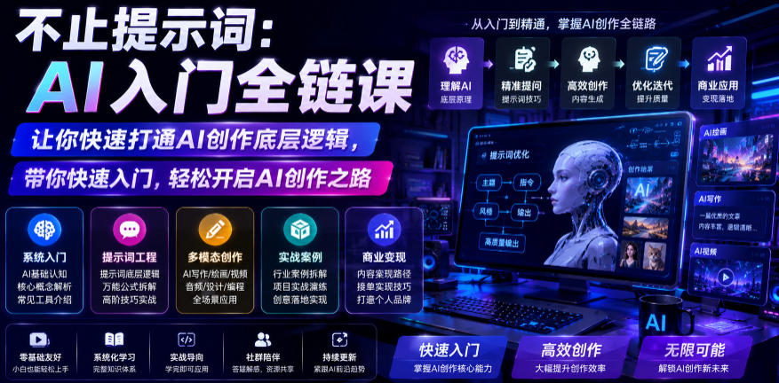 不止提示词：AI入门全链课，让你快速打通AI创作底层逻辑，带你快速入门，轻松开启AI创作之路-baizmi