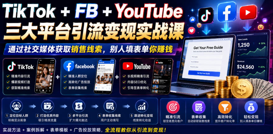 TikTok+FB+YouTube三大平台引流变现实战课，通过社交媒体获取销售线索，别人填表单你賺钱【原创双语字幕】-baizmi