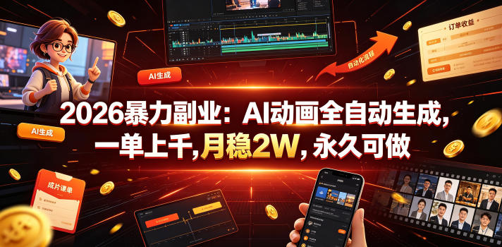 2026暴力副业：AI动画全自动生成，一单上千，月稳2W，永久可做【揭秘】-baizmi