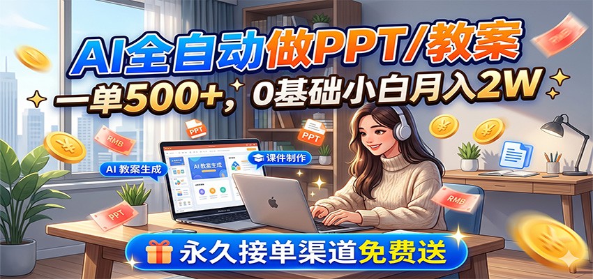 AI全自动做PPT/教案，一单500+，0基础小白月入2W，永久接单渠道免费送-baizmi