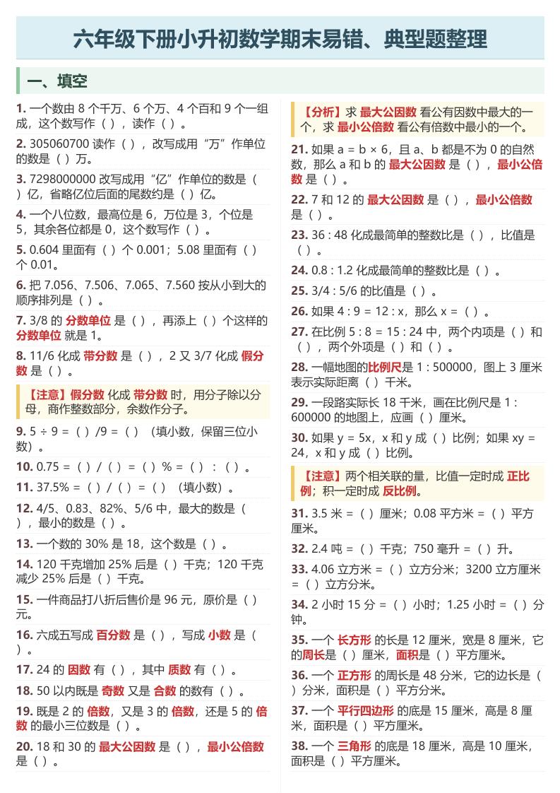 六年级下数学期末常考易错、典型题整理-baizmi