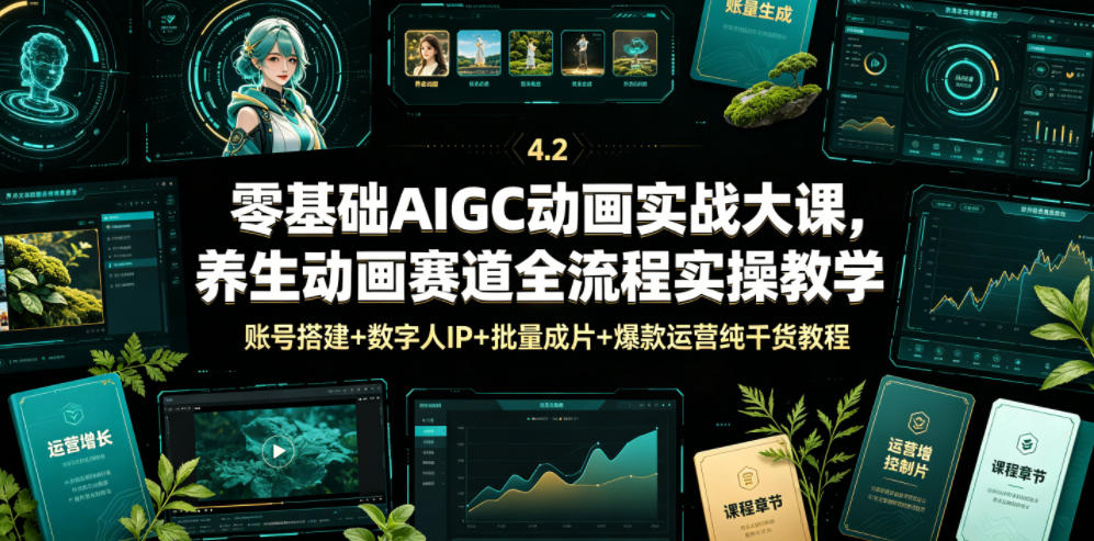 零基础AIGC动画实战大课，养生动画赛道全流程实操教学，账号搭建+数字人IP+批量成片+爆款运营纯干货教程-baizmi