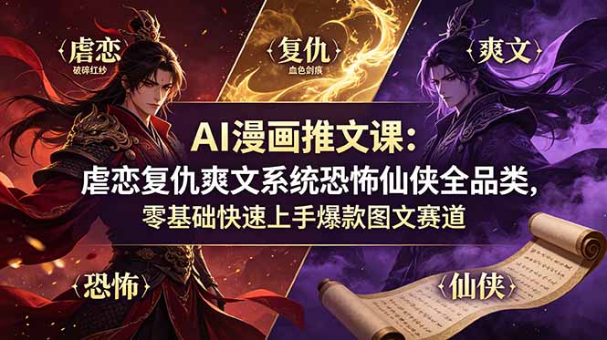 AI漫画推文课：虐恋复仇爽文系统恐怖仙侠全品类，零基础快速上手爆款图文赛道-baizmi
