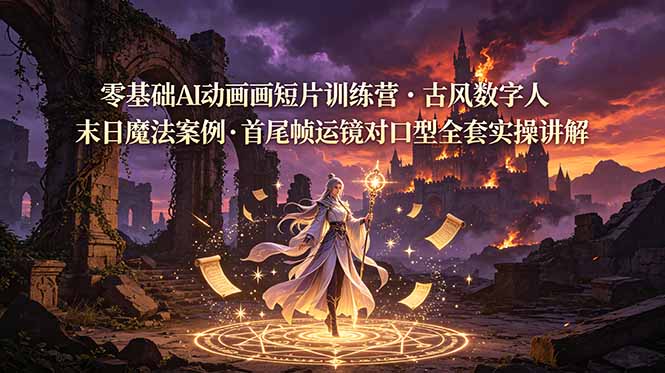 零基础AI动画短片训练营，古风数字人末日魔法案例，首尾帧运镜对口型全套实操讲解-baizmi