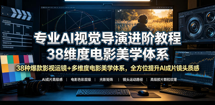 专业AI视觉导演进阶教程，38种爆款影视运镜+多维度电影美学体系，全方位提升AI成片高级感与镜头质感-baizmi