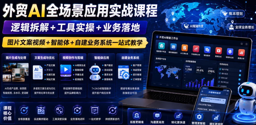 外贸AI全场景应用实战课程｜逻辑拆解+工具实操+业务落地，图片文案视频+智能体+自建业务系统一站式教学-baizmi