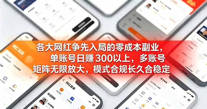 各大网红争先入局的零成本副业，单账号日赚 300 以上，多号矩阵可放大，模式合规长久稳定！-baizmi