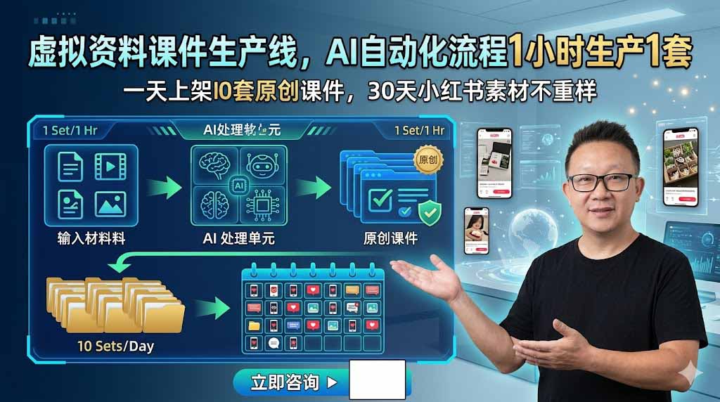 虚拟资料课件生产线，AI自动化流程1小时生产1套，一天上架10套原创课件，30天小红书素材不重样-baizmi