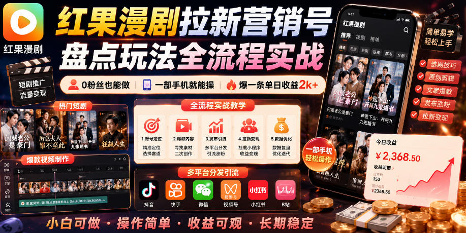 红果漫剧拉新营销号盘点玩法全流程实战，0粉丝也能做，一部手机就能做，爆一条单日收益2k+(更新0628)-baizmi