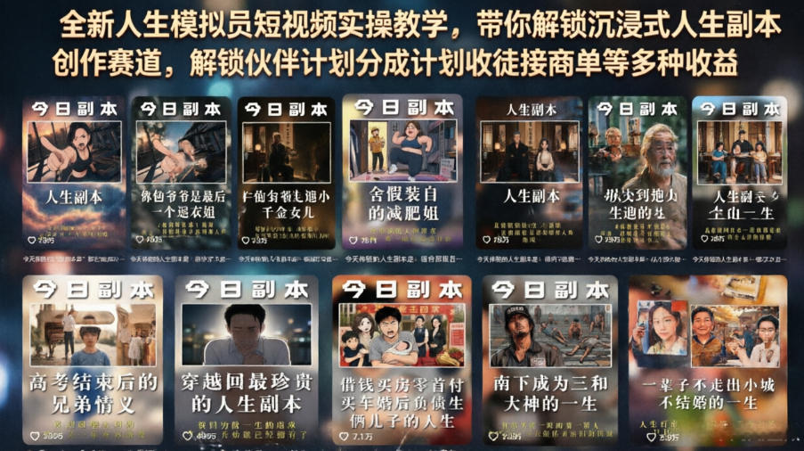 全新人生模拟员短视频实操教学，带你解锁沉浸式人生副本创作赛道，解锁伙伴计划分成计划收徒接商单等多种收益-baizmi