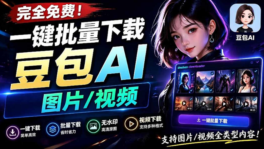Github最新发布！一键批量下载豆包AI无水印图片/视频，简单易用，自动解析提示词-baizmi