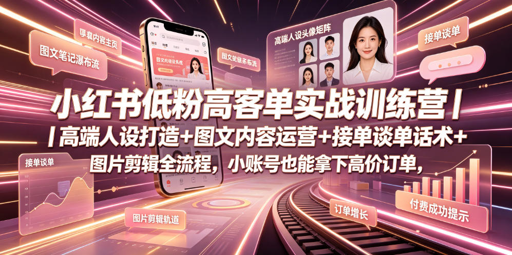 小红书低粉高客单实战训练营｜高端人设打造+图文内容运营+接单谈单话术+图片剪辑全流程，小账号也能拿下高价订单-baizmi