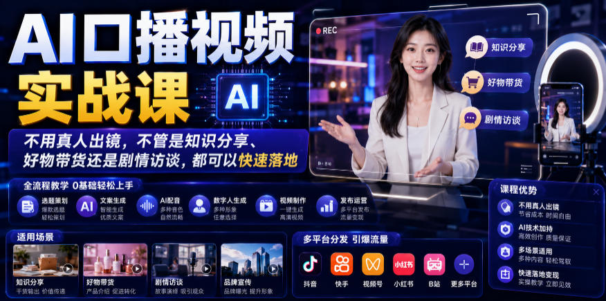 AI口播视频实战课，不用真人出镜，不管是知识分享、好物带货还是剧情访谈，都可以快速落地-baizmi