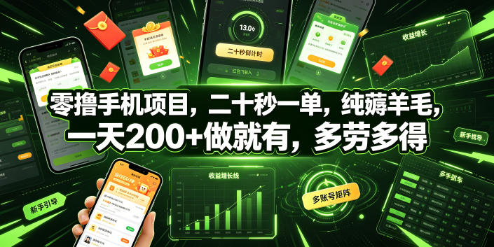 零撸手机项目，二十秒一单，纯薅羊毛，一天200+做就有，多劳多得【揭秘】-baizmi