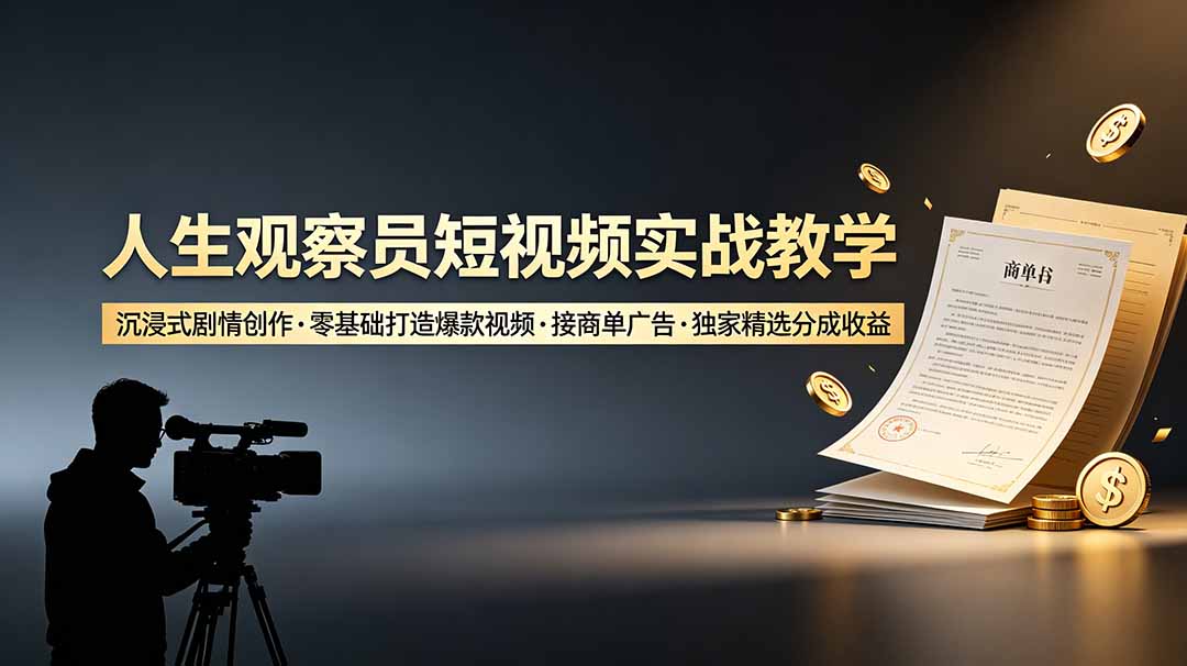 人生观察员短视频实战教学，沉浸式剧情创作，零基础打造爆款视频，接商单广告，独家精选分成收益-baizmi