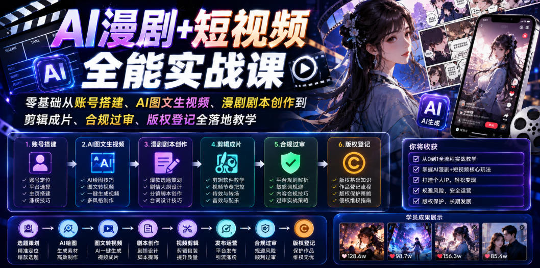 AI漫剧+短视频全能实战课｜零基础从账号搭建、AI图文生视频、漫剧剧本创作到剪辑成片、合规过审、版权登记全落地教学-baizmi