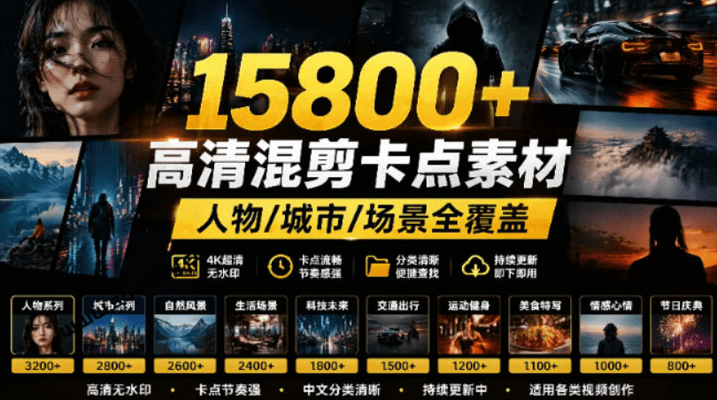 【影视剪辑素材合集】15800+高清混剪卡点｜热门影视精彩片段｜人物/城市/场景全覆盖，中文分类清晰-baizmi