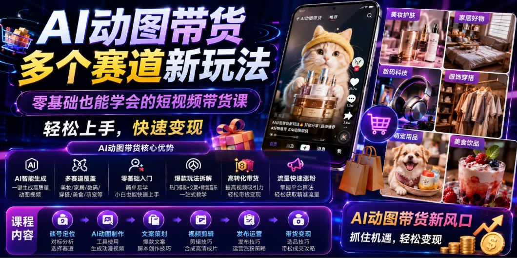 AI动图带货多个赛道新玩法，零基础也能学会的短视频带货课，轻松上手，快速变现-baizmi