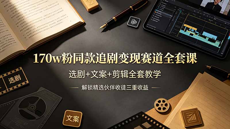 170w粉博主同款追剧变现赛道全套课，选剧+文案+剪辑全套教学，解锁精选伙伴收徒三重收益-baizmi