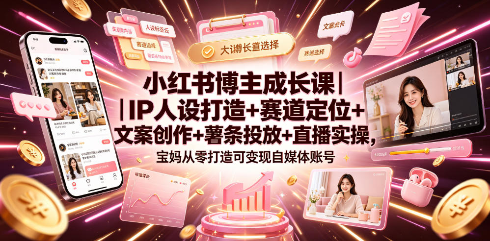 小红书博主成长课｜IP人设打造+赛道定位+文案创作+薯条投放+直播实操，宝妈从零打造可变现自媒体账号-baizmi