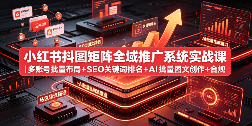 小红书抖图矩阵全域推广系统实战课｜多账号批量布局+SEO关键词排名+AI批量图文创作+合规私域导流完整落地教程-baizmi