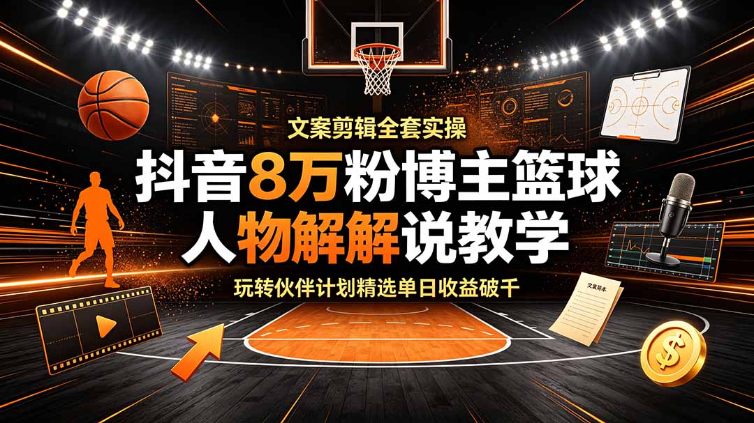 抖音8万粉博主篮球人物解说教学，文案剪辑全套实操，玩转伙伴计划精选单日收益破千-baizmi