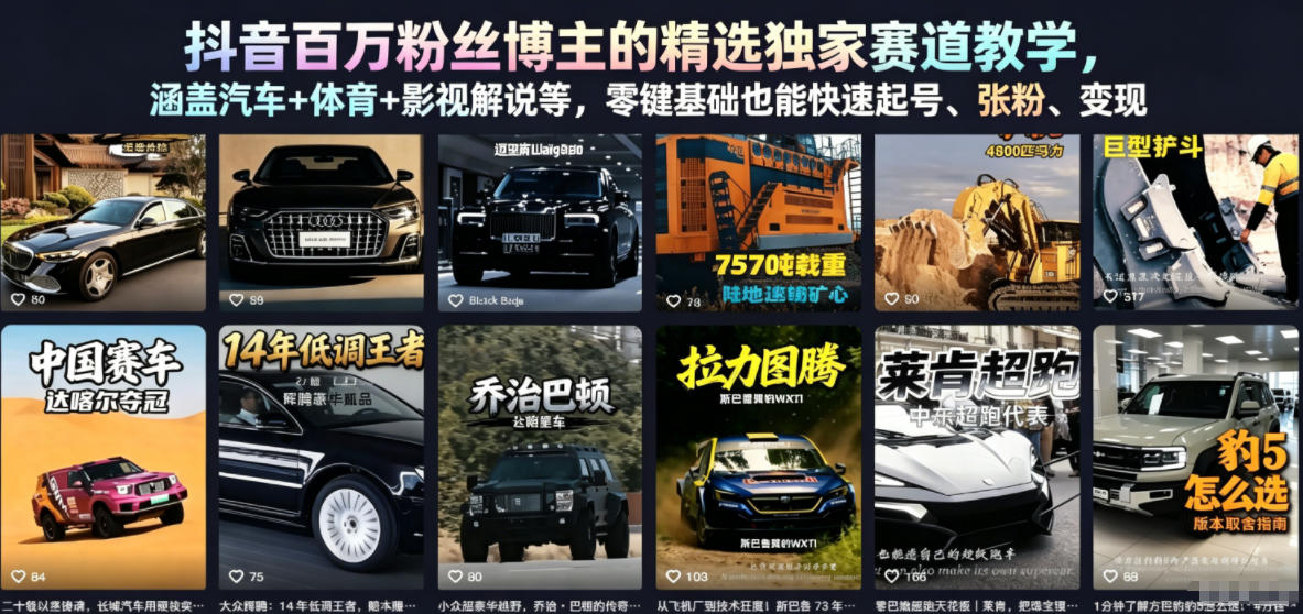 抖音百万粉丝博主的精选独家赛道教学，涵盖汽车+体育+影视解说等，零基础也能快速起号、涨粉、变现(更新0701)-baizmi