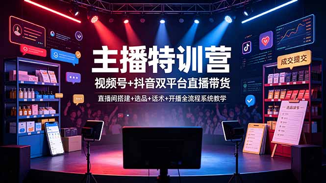 主播特训营：视频号+抖音双平台直播带货，直播间搭建+选品+话术+开播全流程系统教学-baizmi