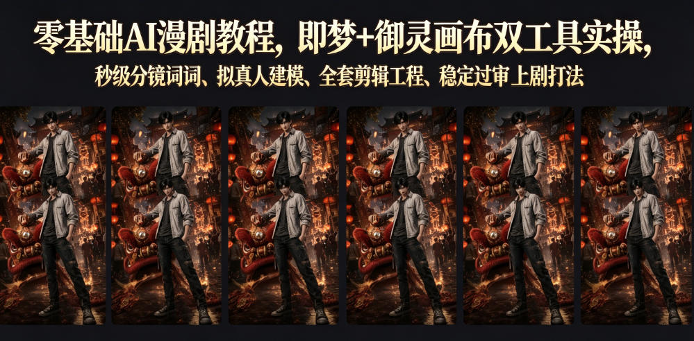零基础AI漫剧教程，即梦+御灵画布双工具实操，秒级分镜提示词、拟真人建模、全套剪辑工程、稳定过审上剧打法-baizmi