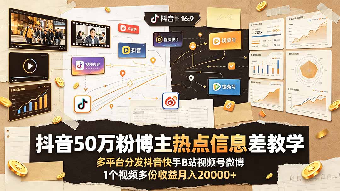 抖音50万粉博主热点信息差教学：多平台分发抖音快手B站视频号微博，1个视频多份收益月入20000+-baizmi