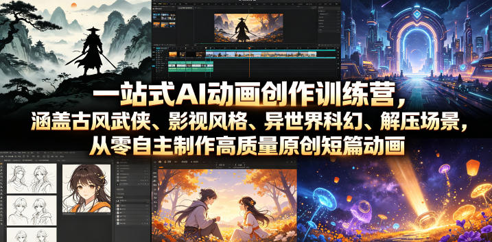 一站式AI动画创作训练营，涵盖古风武侠、影视风格、异世界科幻、解压场景，从零自主制作高质量原创短篇动画-baizmi