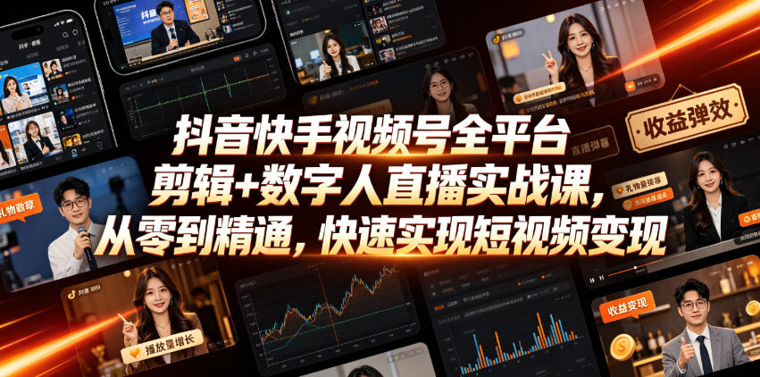 抖音快手视频号全平台剪辑+数字人直播实战课，从零到精通，快速实现短视频变现(更新2026年6月)​-baizmi