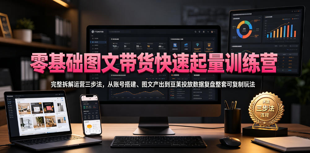 零基础图文带货快速起量训练营，完整拆解运营三步法，从账号搭建、图文产出到豆荚投放数据复盘整套可复制玩法-baizmi