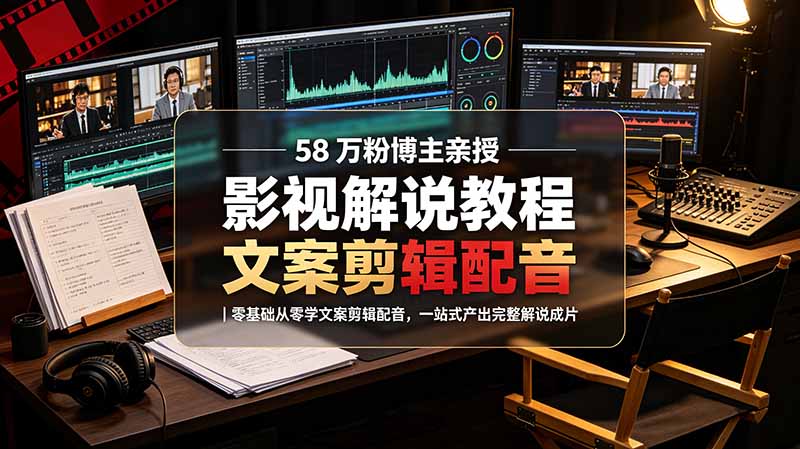 58 万粉博主荧幕春秋亲授影视解说教程｜零基础从零学文案剪辑配音，一站式产出完整解说成片-baizmi
