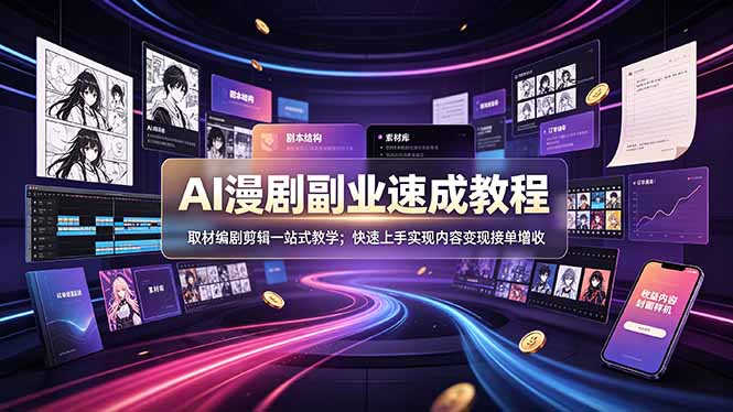 AI漫剧副业速成教程，取材编剧剪辑一站式教学；快速上手实现内容变现接单增收-baizmi