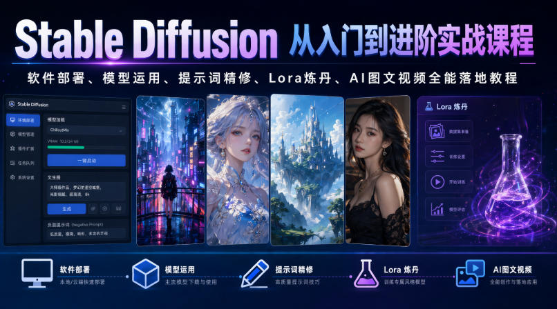 Stable Diffusion从入门到进阶实战课程｜软件部署、模型运用、提示词精修、Lora炼丹、AI图文视频全能落地教程-baizmi