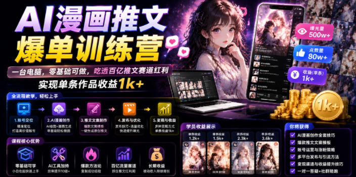 AI漫画推文爆单训练营，一台电脑，零基础可做，吃透百亿推文赛道红利，实现单条作品收益1k+-baizmi