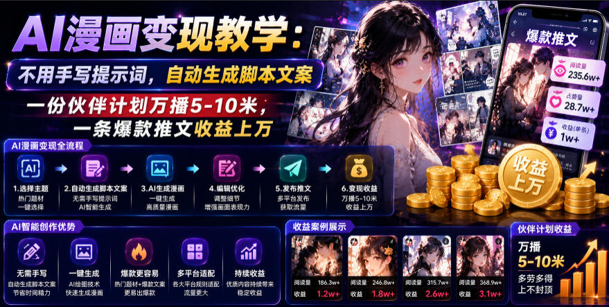 AI漫画变现教学：不用手写提示词，自动生成脚本文案，一份伙伴计划万播5-10米，一条爆款推文收益上W-baizmi