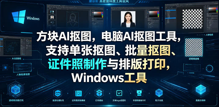 方块AI抠图，电脑AI抠图工具，支持单张抠图、批量抠图、证件照制作与排版打印，Windows工具-baizmi