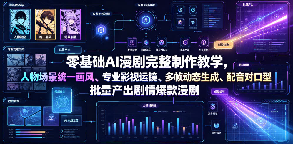 零基础AI漫剧完整制作教学，人物场景统一画风、专业影视运镜、多帧动态生成、配音对口型，批量产出剧情爆款漫剧-baizmi