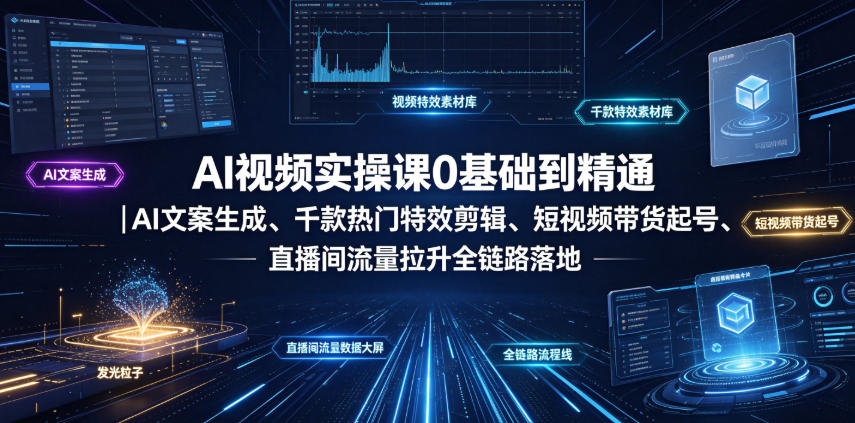 AI视频实操课0基础到精通｜AI文案生成、千款热门特效剪辑、短视频带货起号、直播间流量拉升全链路落地-baizmi