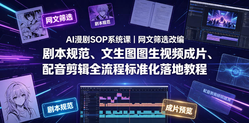 AI漫剧SOP系统课｜网文筛选改编、剧本规范、文生图图生视频成片、配音剪辑全流程标准化落地教程-baizmi